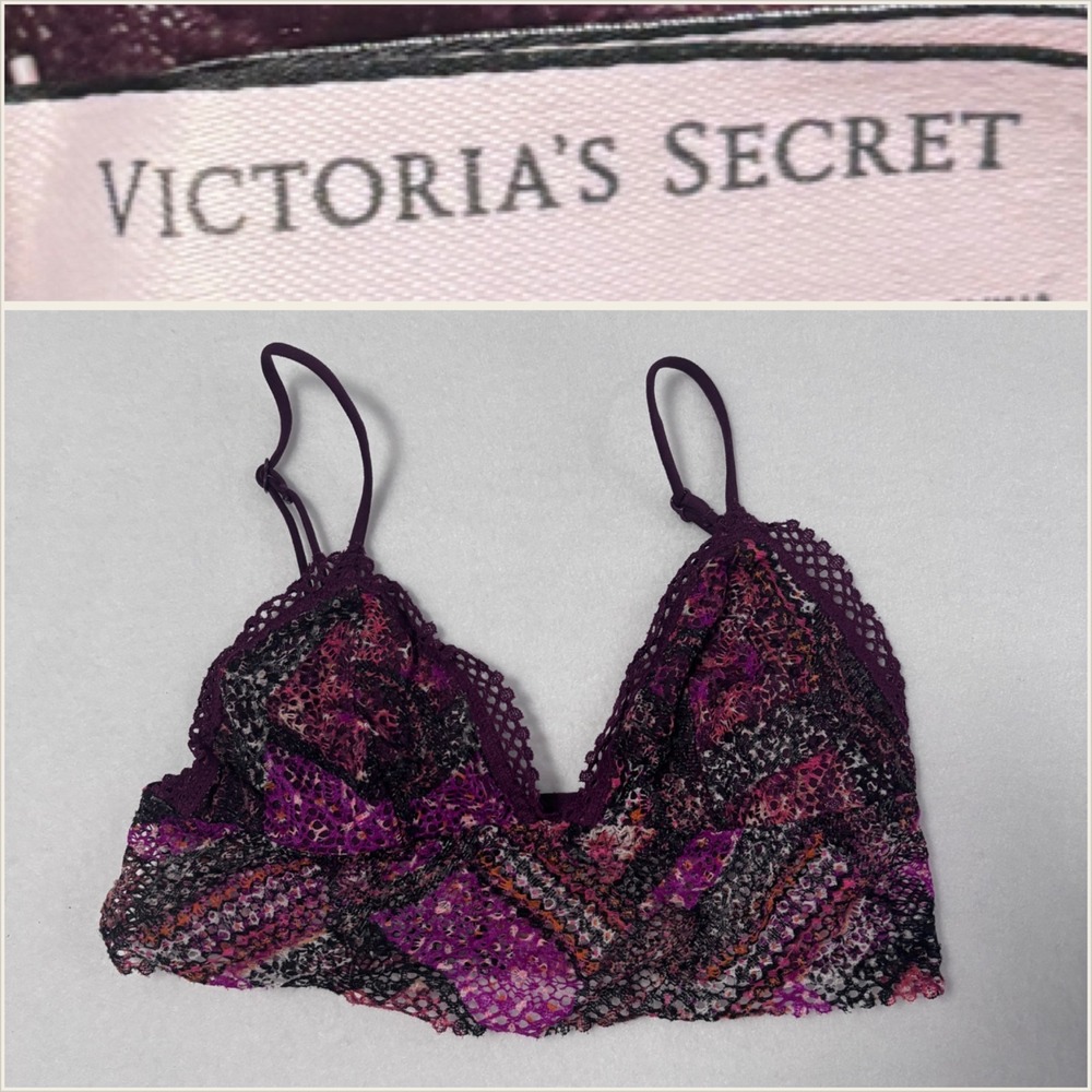 VICTORIAS SECRET XS TP Bralette Purple‎ Pink Black Lace Geometric Pattern